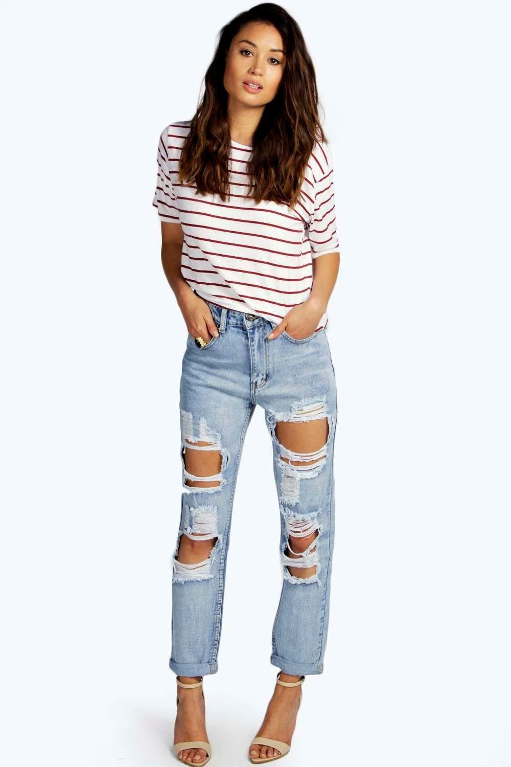 Sara Light Blue Large Rip Boyfriend Jeans | Boohoo.com (US & CA)