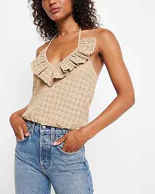 Eyelet Ruffle Halter V-Neck Bubble Tank | Express
