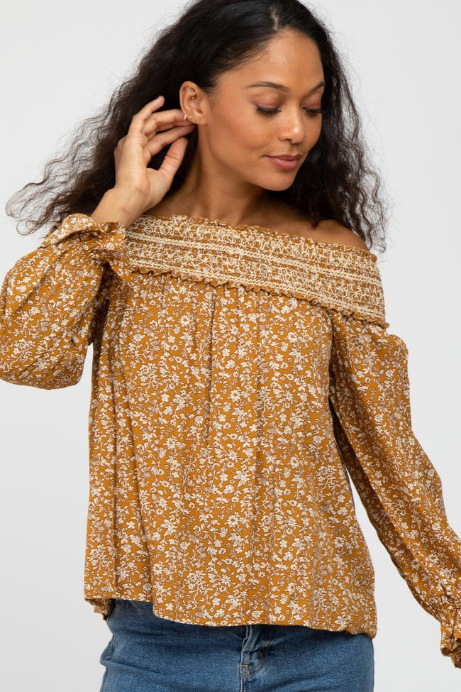 Gold Floral Smocked Off Shoulder Top | PinkBlush Maternity