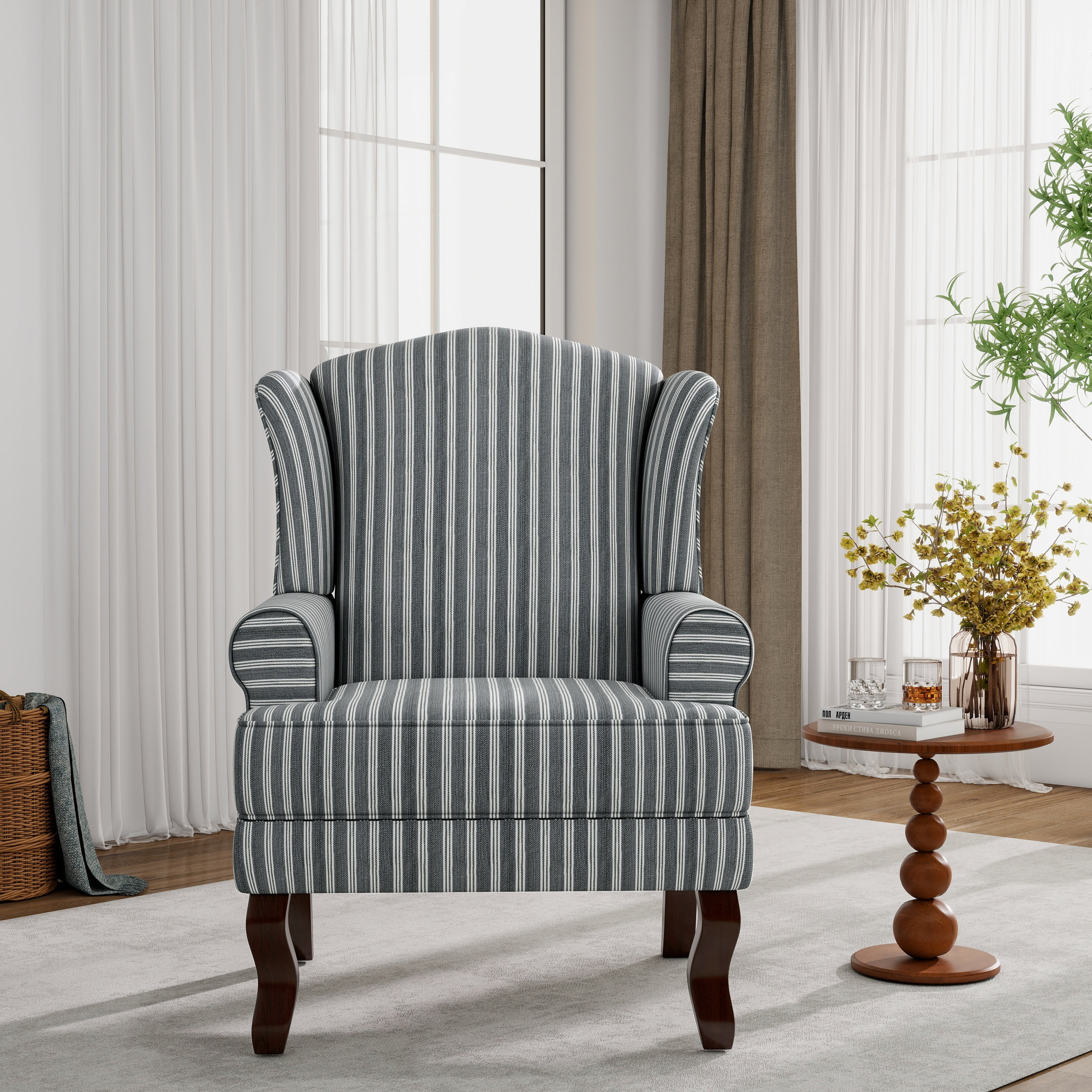 UIXE High Back Accent Chair, Upholstered Armchair in Fabric with Solid Wood Legs, Retro Arm Chair... | Walmart (US)