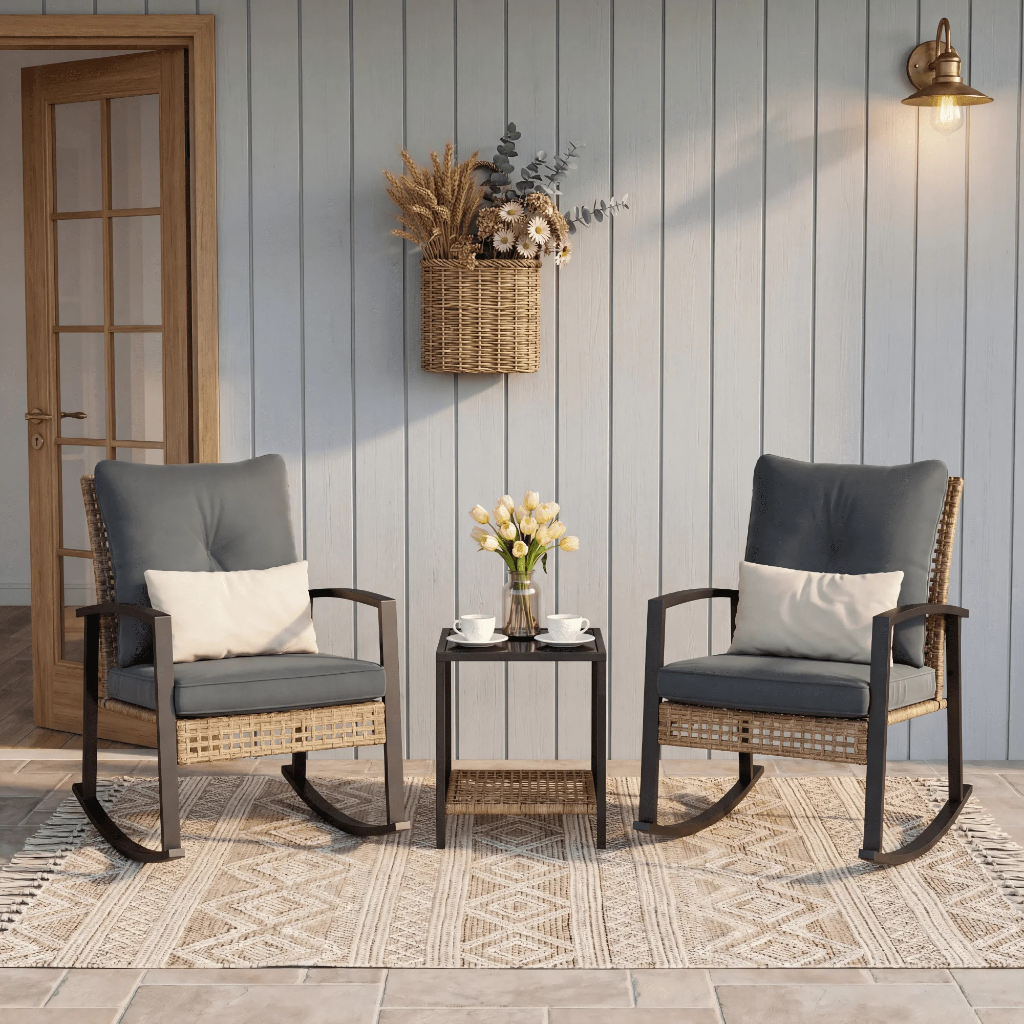 LAZZO 3 Pieces Patio Outdoor Conversation Set with Lumbar Pillows and Coffee Table, PE Wicker Roc... | Walmart (US)