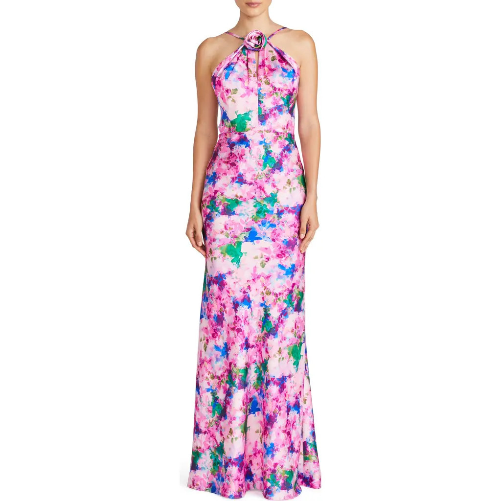 ML Monique Lhuillier Violette Floral Halter Neck Satin Gown in Waterlily Floral at Nordstrom, Size 16 | Nordstrom