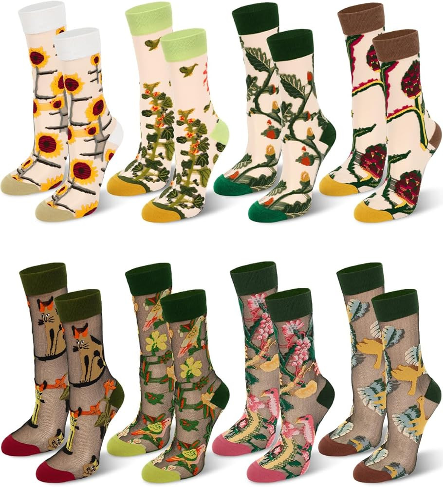 8 Pairs Women Floral Sheer Sock Vintage Embroidered Elastic See Through Socks Summer Thin Mesh La... | Amazon (US)