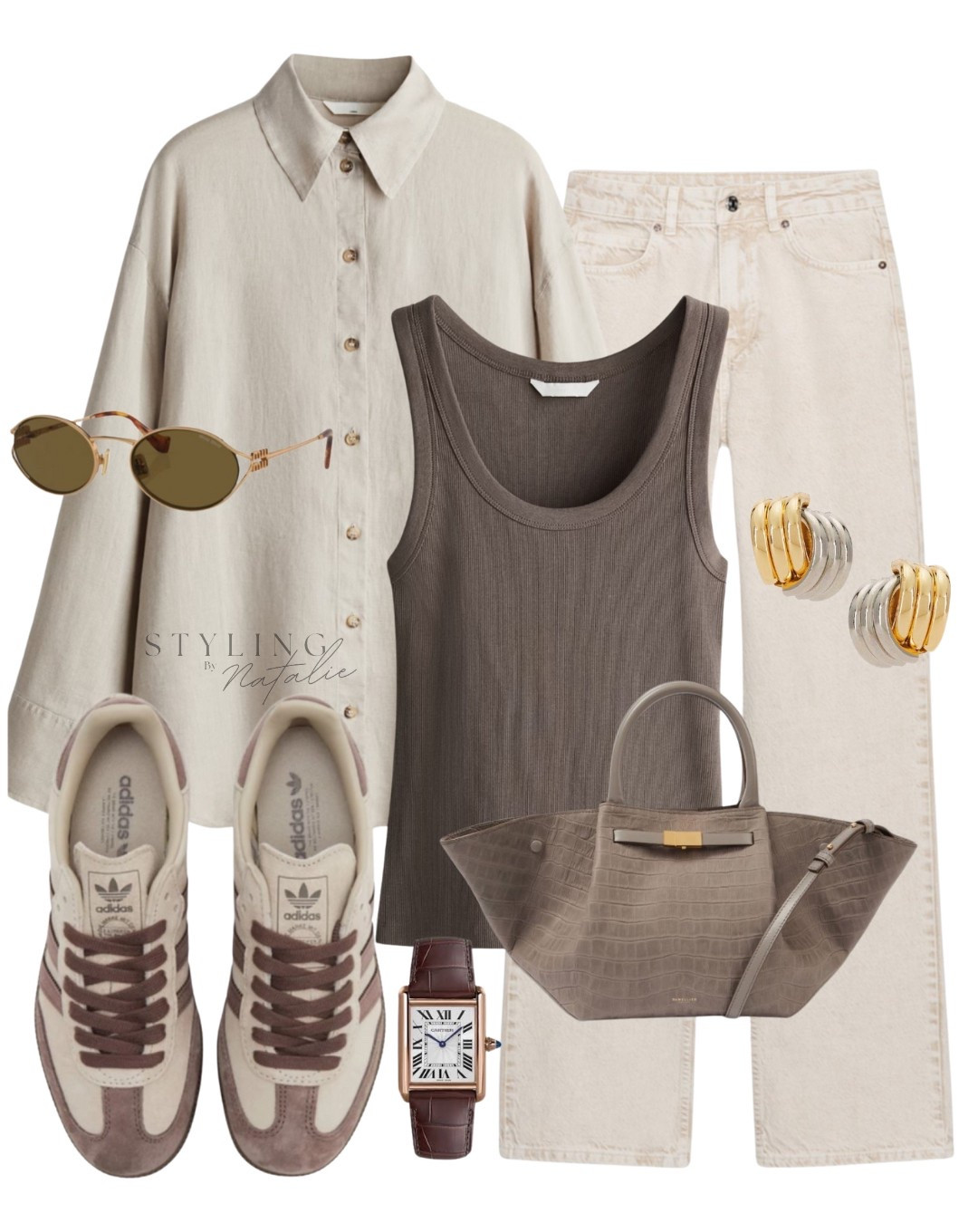Spring outfit- beige linen shirt, brown ribbed vest, beige jeans, Demellier bag, Adidas Samba trainers, two tone earrings, Miu Miu sunglasses. Neutral outfit, casual chic, brown tones, sneakers.

#LTKspring #LTKuk #LTKstyletip