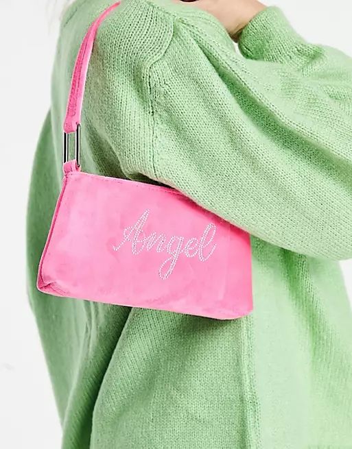 ASOS DESIGN mini shoulder bag with crystal angel in pink velour | ASOS (Global)
