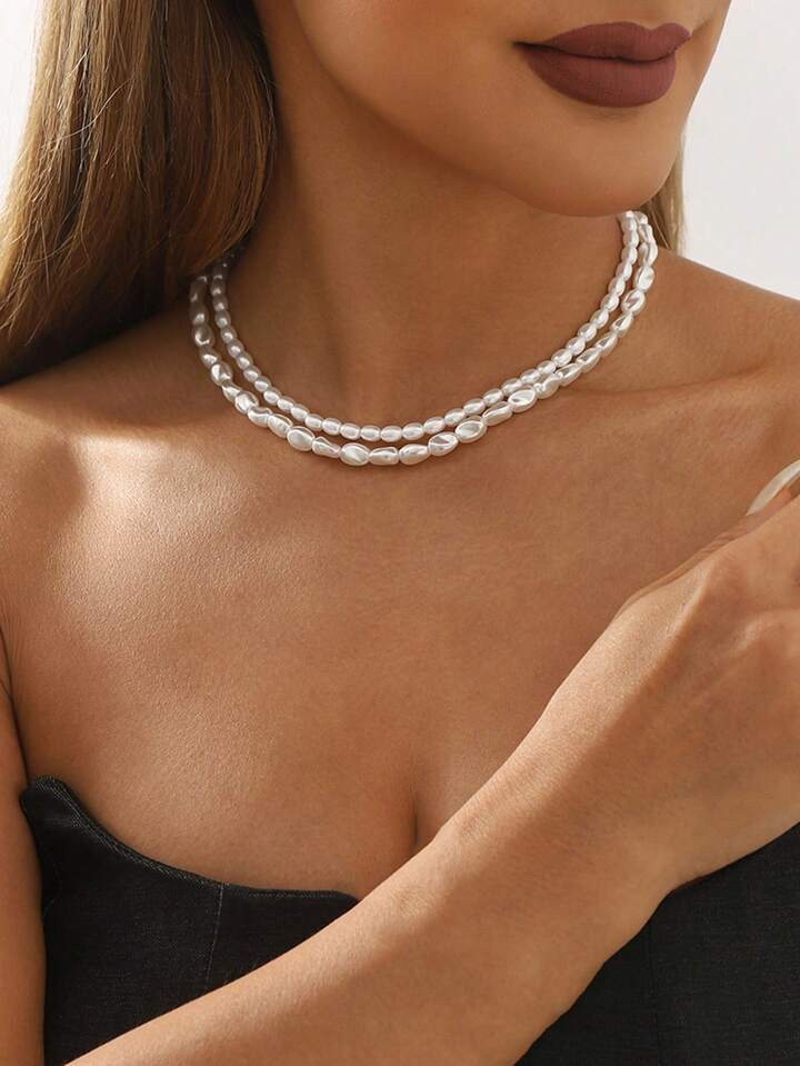 2pcs Baroque Style Faux Pearl Necklace Set For INS Vintage Look | SHEIN