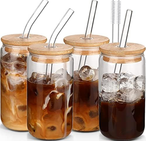 Glass Cups with Lids and Straws 4pcs Set - DWTS DANWEITESI 16oz Iced Coffee Cup ,Glass Tumbler wi... | Amazon (US)