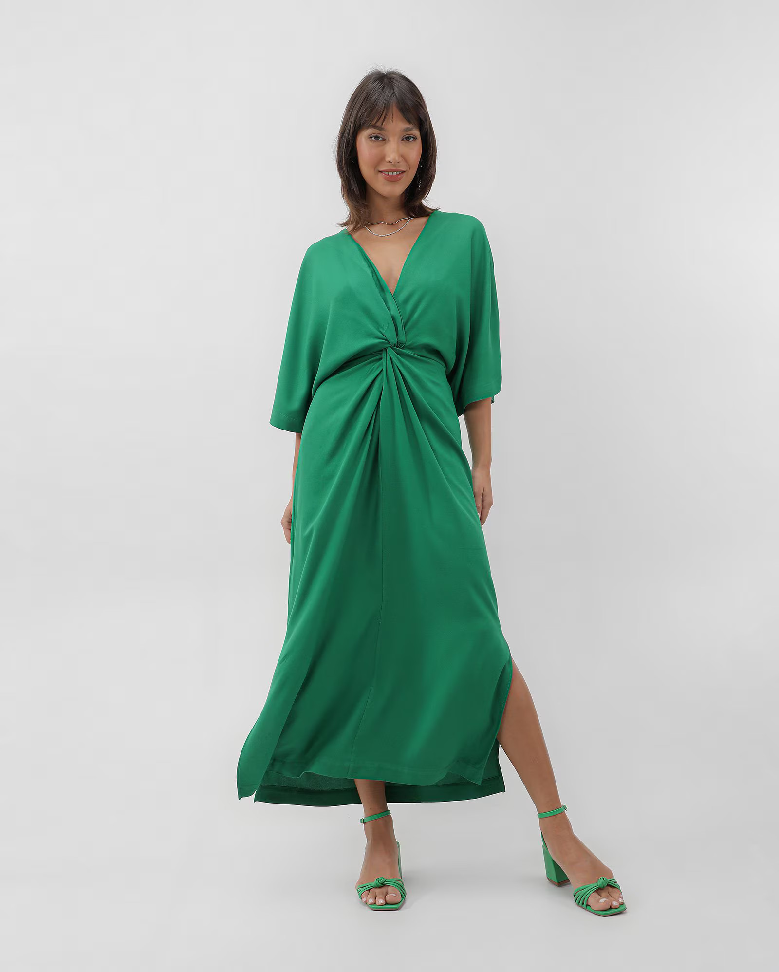 Vestido longo com nó manga 3/4 verde | AK by Riachuelo | Riachuelo (BR)