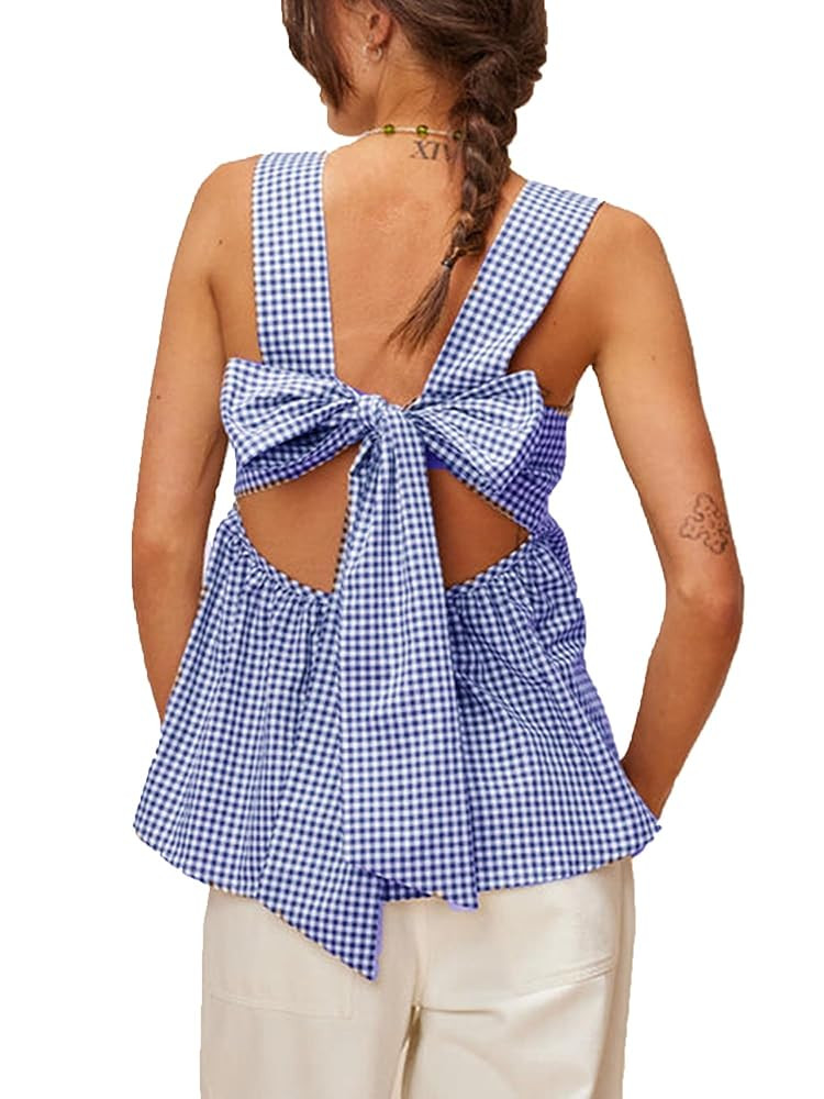 Amiblvowa Women Gingham Peplum Tank Square Neck Babydoll Tops Y2K Cute Bow Tie Back Sleeveless Ve... | Amazon (US)