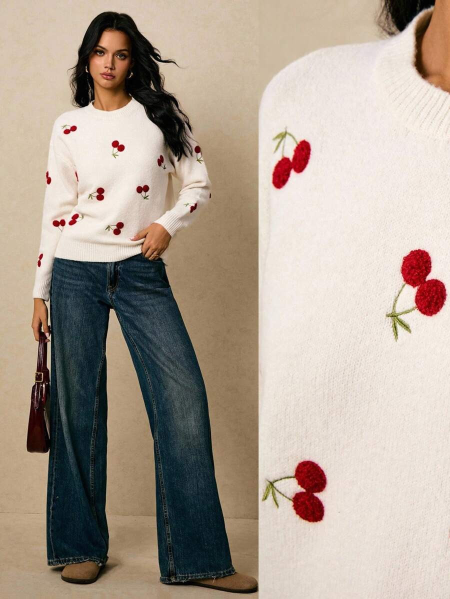 Po\u00e9selle Women's Casual Cute Cherry Embroidery Drop Shoulder Loose Pullover Sweater, Busines... | SHEIN