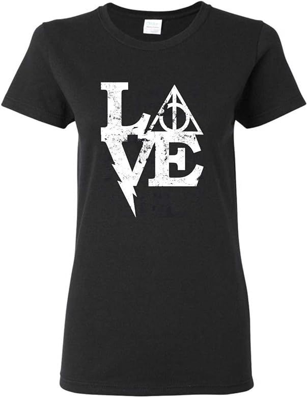 Diagon Ally Customs Harry Potter ' Love ' Deathly Hallows Distressed Tee Shirt - Black | Amazon (US)