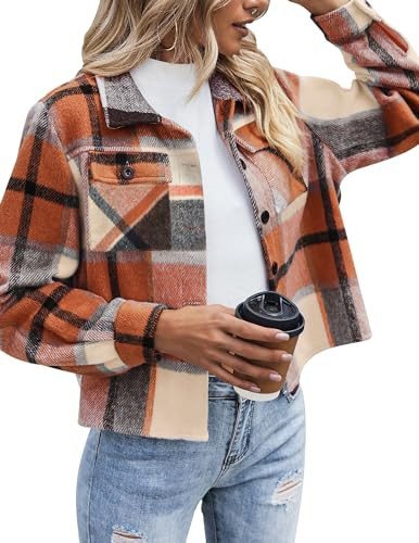 Zeagoo Flannels for Women Cropped Shacket Jacket Fashion Plaid Button Down Shirt 2025 Fall Coat T... | Amazon (US)