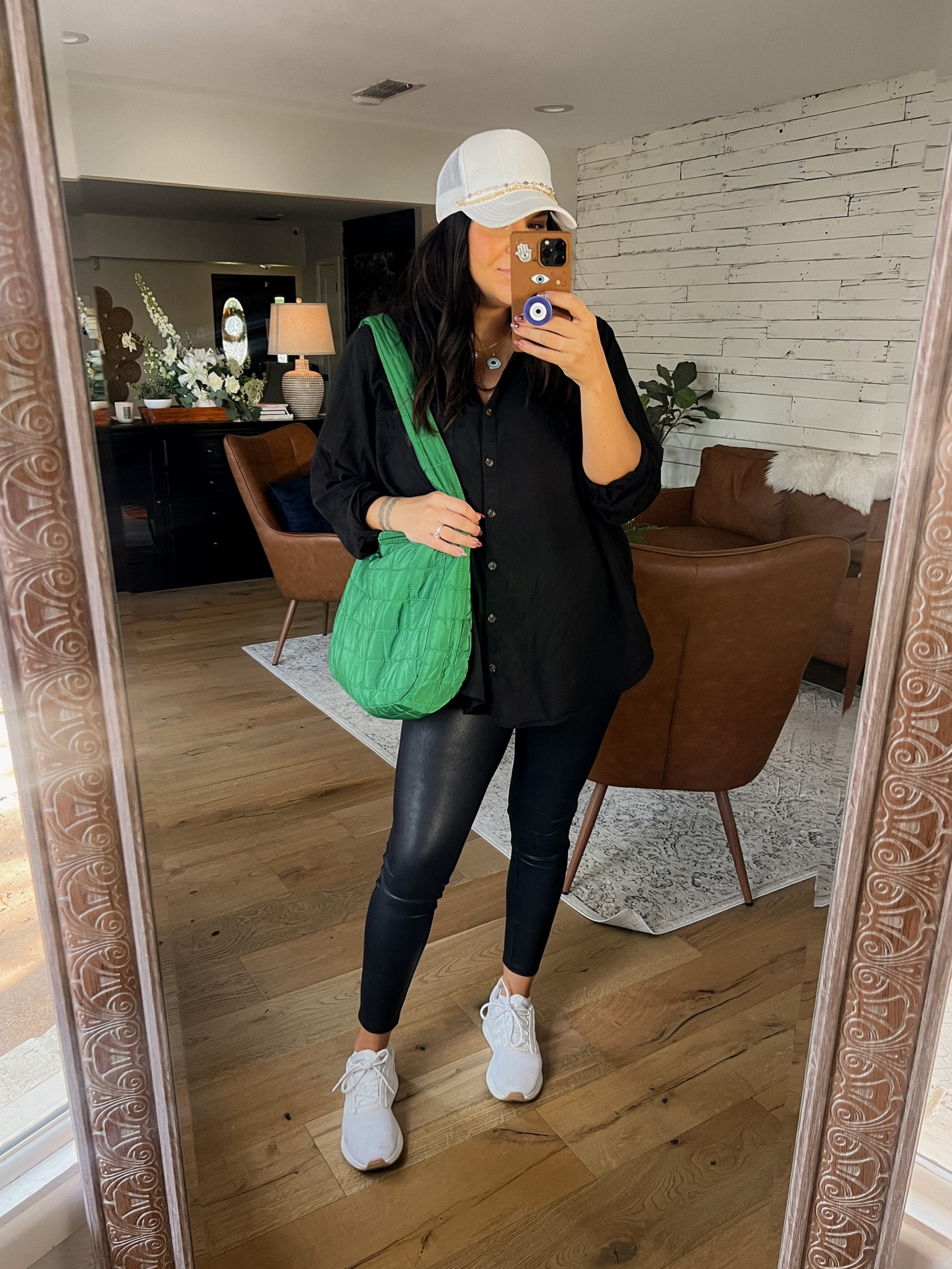 Soccer Mom Outfit, postpartum outfit, Walmart outfit finds for fall, casual fall outfit  

Faux Leather Leggings: Large
Black Button Up: 2X
Amazon Puffer Bag
Adidas Sneaker
Trucker Hat

#LTKfindsunder50 #LTKstyletip #LTKshoecrush