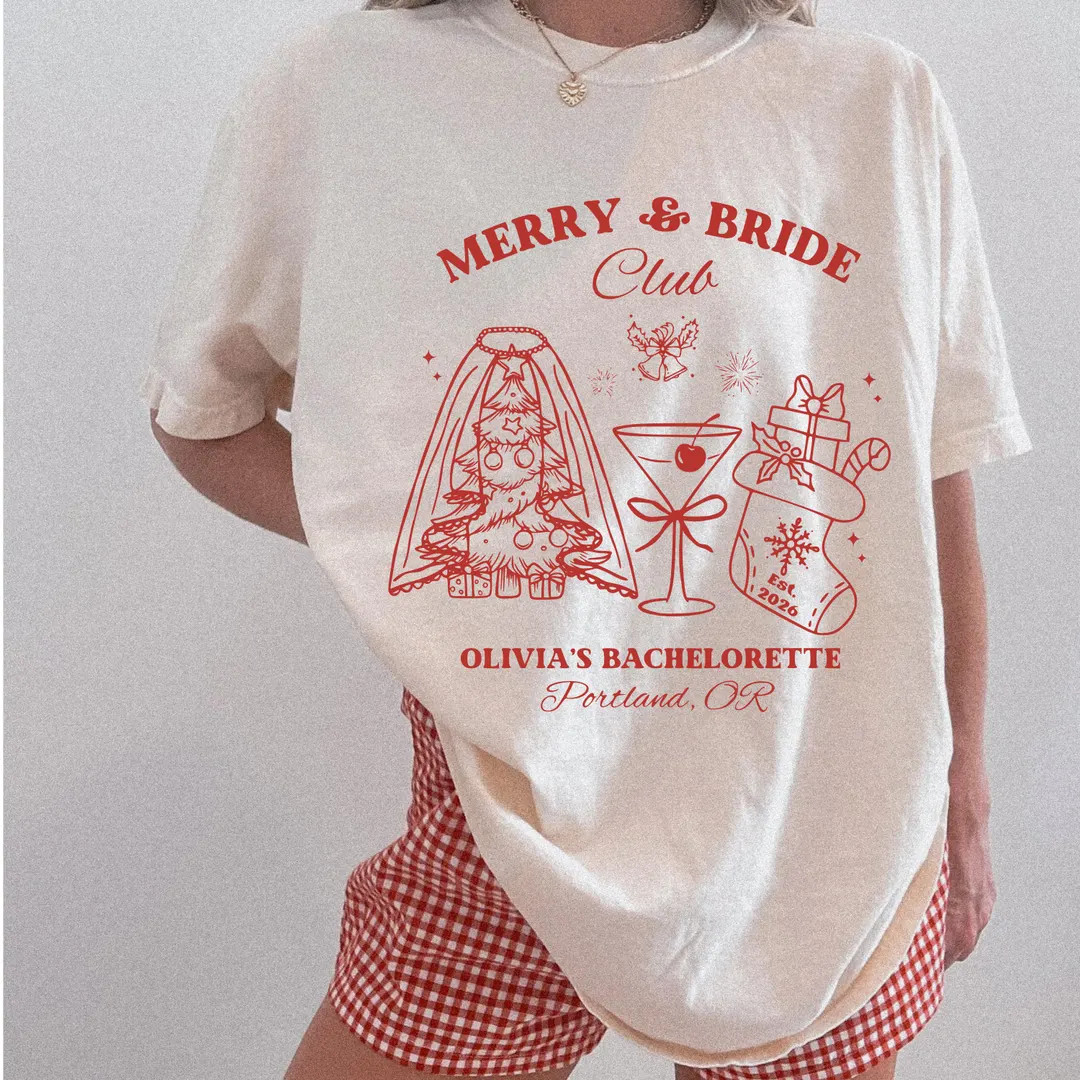 Christmas Bachelorette Shirt or Sweatshirt, Merry & Bride Club Shirt, Holiday Bride Party Shirt, ... | Etsy (US)