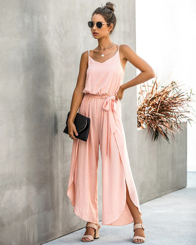 V-neck Suspenders Wide-leg Side Slit Women's Jumpsuit | Zeagoo