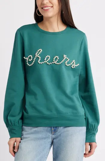 Gretchen Imitation Pearl Embellished Balloon Sleeve Sweatshirt | Nordstrom