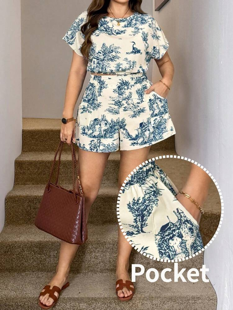 Easowa Curve Plus Size Women Summer Casual Vacation Allover Print Bat Sleeve Loose Top And Side P... | SHEIN