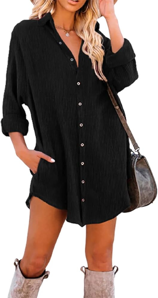 Dokotoo Women's Corduroy Long Sleeve Button Down Shirts Tunic Dresses with Pockets | Amazon (US)