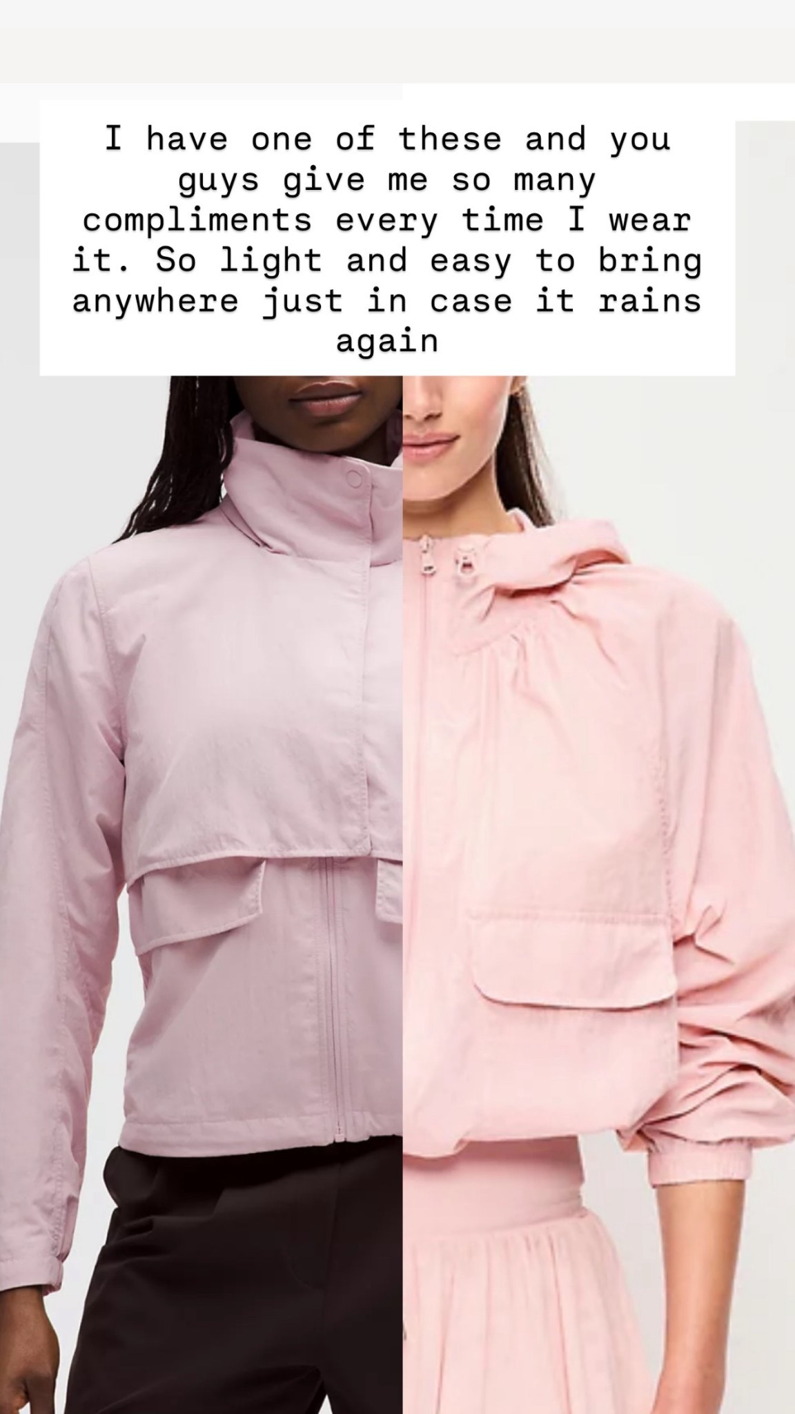 High vs low rain jacket. I have the lululemon in size 4 but could do 6 or 8. Love it and reach for it all the time 

#LTKsale #LTKsummer #LTKcanada