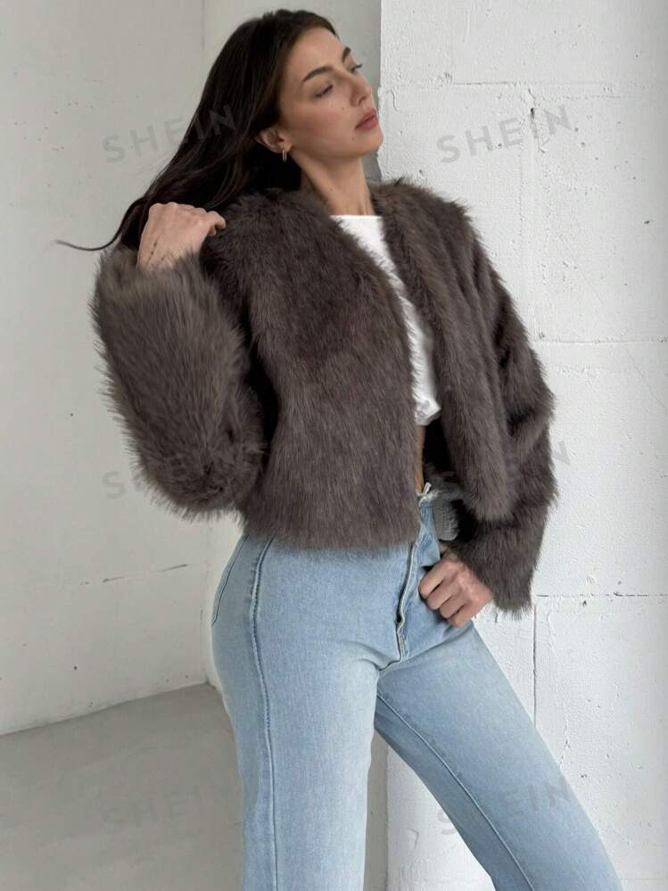 Aloruh Braune flauschige kurze Jacke, moderne Oberbekleidung, warm für Herbst/Winter Damen | akt... | SHEIN