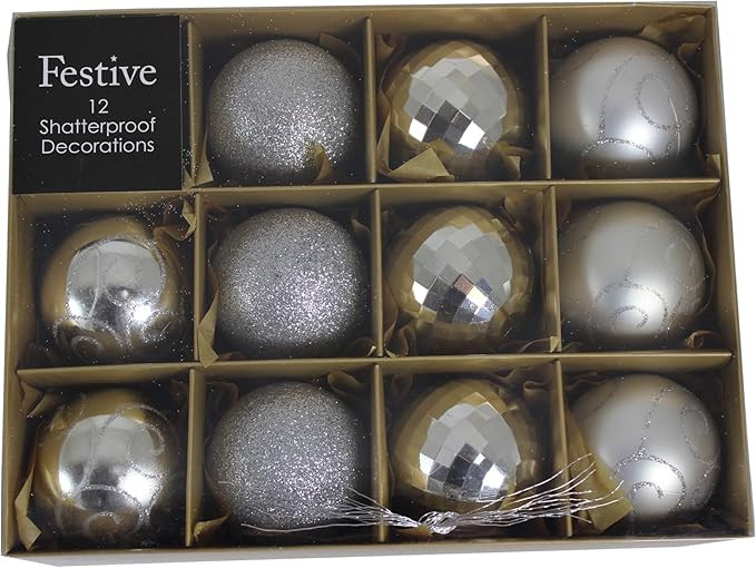 Festive Shatterproof Christmas Tree Decoration - 12 Pack 60mm Baubles Silver | Amazon (US)