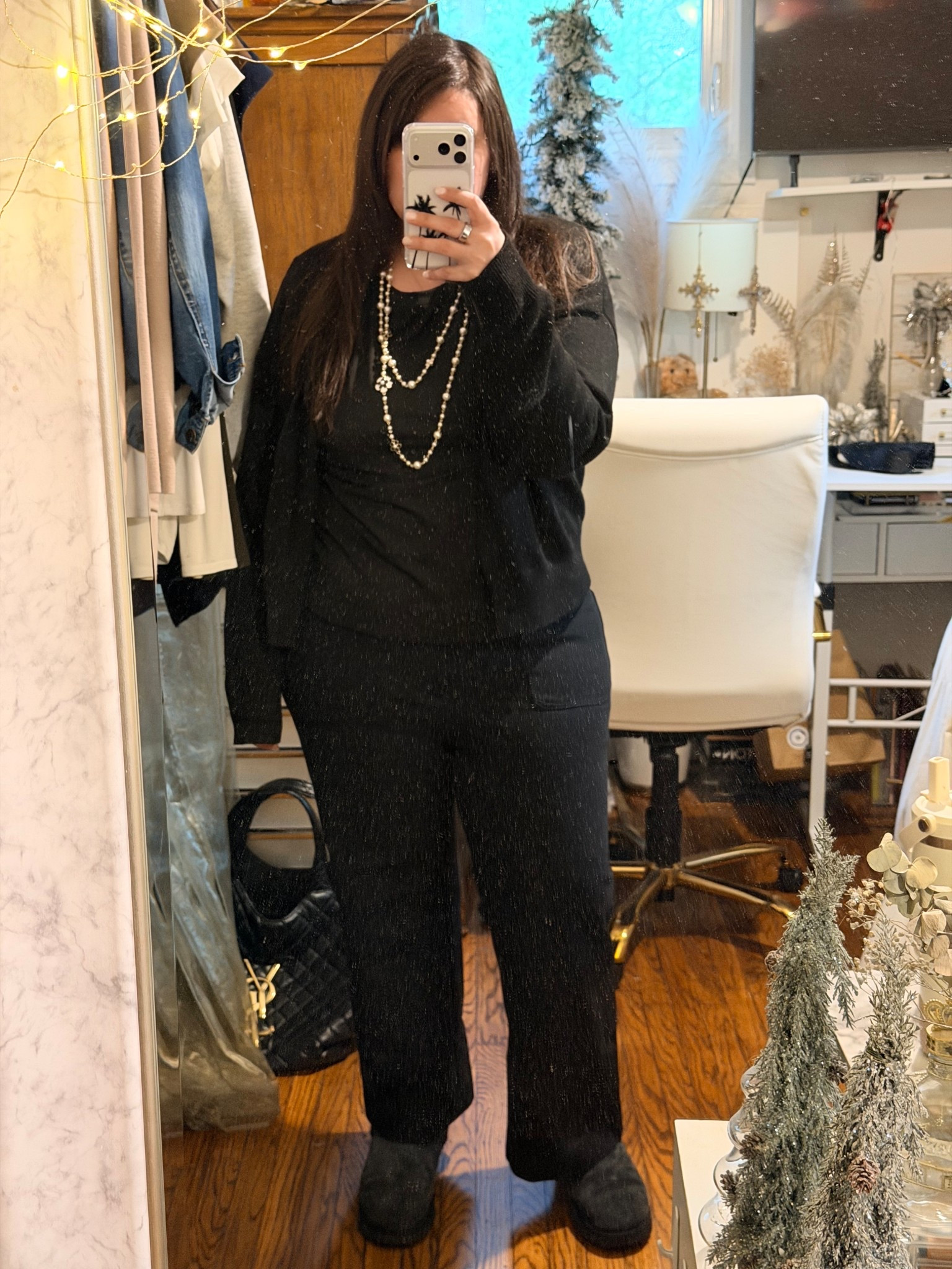 Yikes do I need to clean my mirror. But today’s all black look is a go to when I can’t figure out what to wear. I broke it up with a long pearl // Chanel inspired necklace. It’s again cold out so had to opt out of the cute shoes + go with Uggs 

#LTKootd #LTKSeasonal #LTKMidsize
