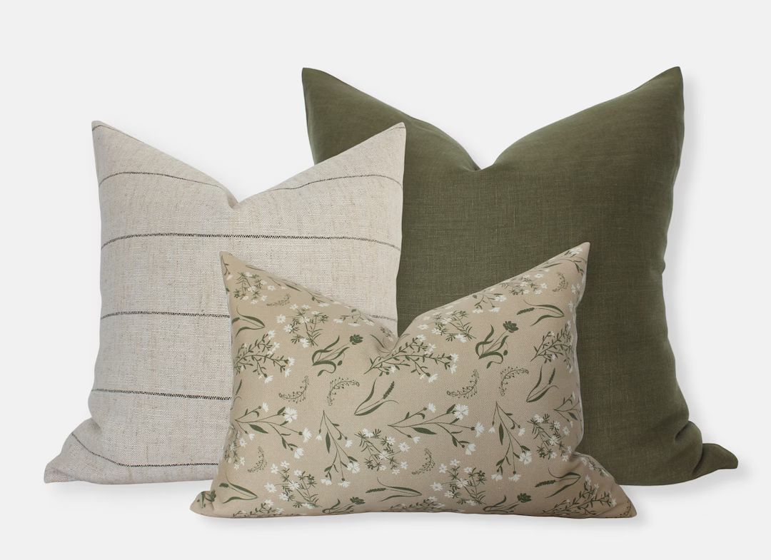 Tan Sofa Pillow Combo, Green Pillow Set, Cream and Green Pillow Set, Throw Pillow Set of 3, Bed P... | Etsy (US)