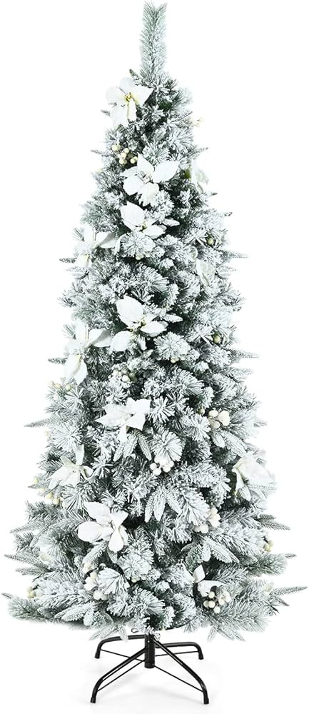 COSTWAY 5ft/6ft Snow Flocked Christmas Tree, Hinged Pencil Xmas Trees with White Berries, Poinset... | Amazon (UK)