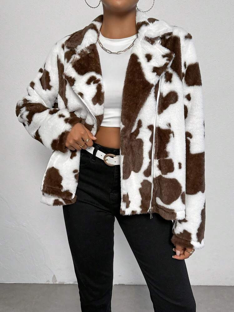 SHEIN Relaxiva Cow Pattern Lapel Neck Fuzzy Coat | SHEIN
