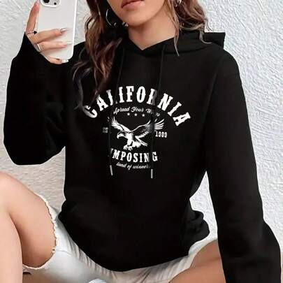 Women's Fleece Hooded Sweatshirt, Sporty Style, Retro Trendy Eagle Pattern. Suitable For Gatherings, Sports, Outdoor Leisure And Other Occasions, Wint | SHEIN
