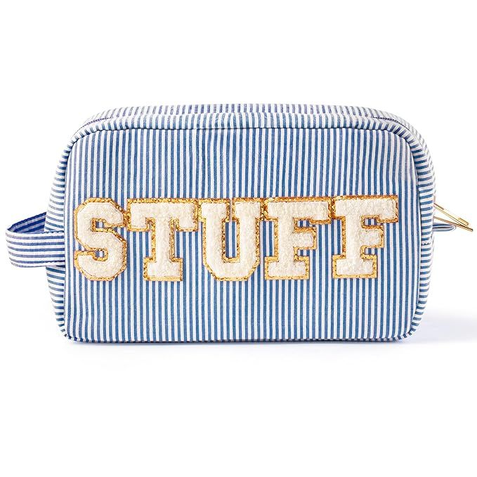 Y1tvei Blue White Striped STUFF Travel Makeup Bag with Side Handle Seersucker Chenille Letter Cos... | Amazon (US)