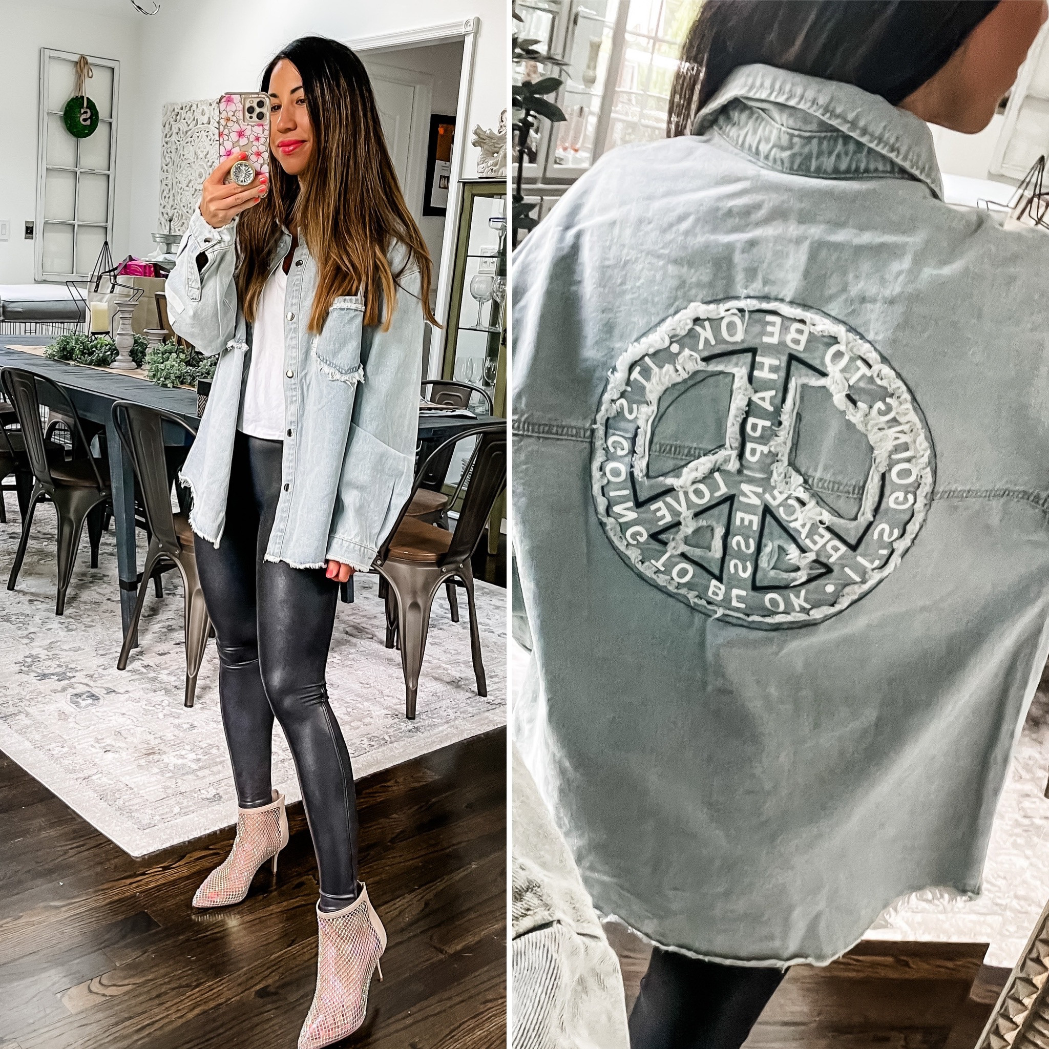 Denim jacket, denim shirt, peace sign, vintage Havana, spanx, faux leather leggings, Nsale, Nordstrom anniversary sale. 
Jacket small
Leggings small 
Shoes TTS 

#LTKunder50 #LTKxNSale #LTKsalealert