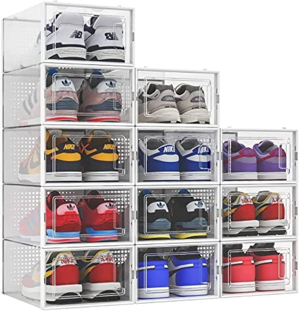 12 Pack Shoe Organizer Storage Bins Clear Plastic Stackable Shoe Boxes for Closet, Space Saving F... | Amazon (US)