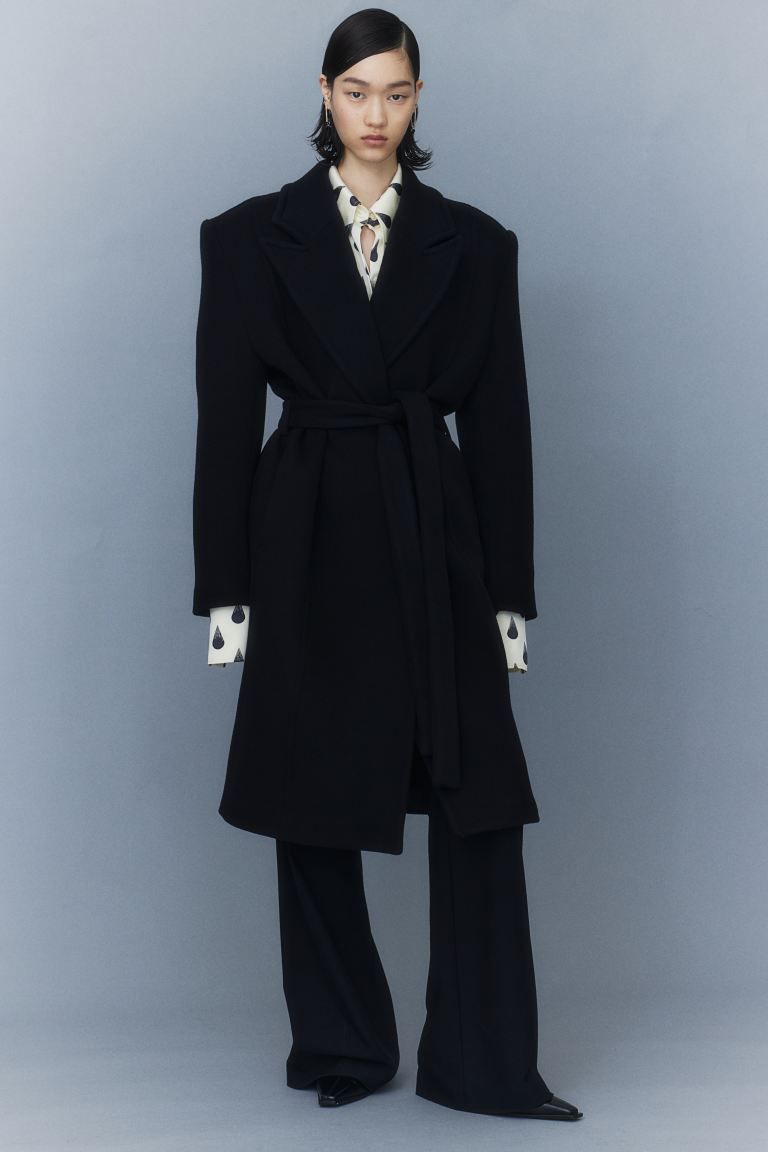 Wool-blend Tie-belt Coat - Midnight black - Ladies | H&M US | H&M (US + CA)