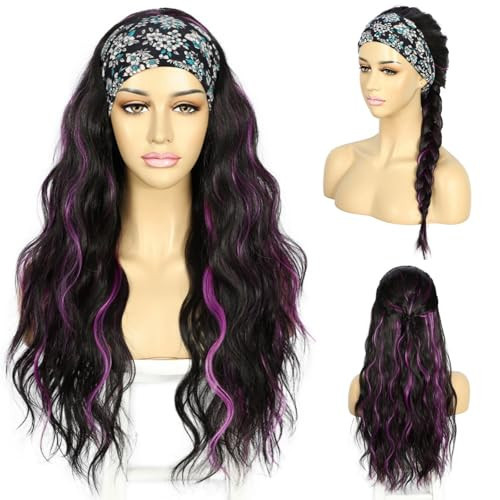 SAPPHIREWIGS Body Wave Headband Wig Highlight Black with Violet Glueless None Lace Front Synthetic Headband Wig for Women Wear and Go Half Wig Daily Cosplay Uses 26 inches | Amazon (US)