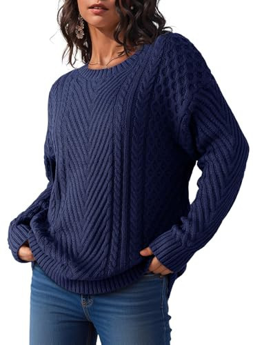 Dokotoo Womens Fall Fashion 2025 Long Sleeve Sweaters for Women Oversized Crewneck Chunky Cable Knit Loose Fit Pullover Tops Winter Warm Jumper Outfits Dark Blue Small | Amazon (US)
