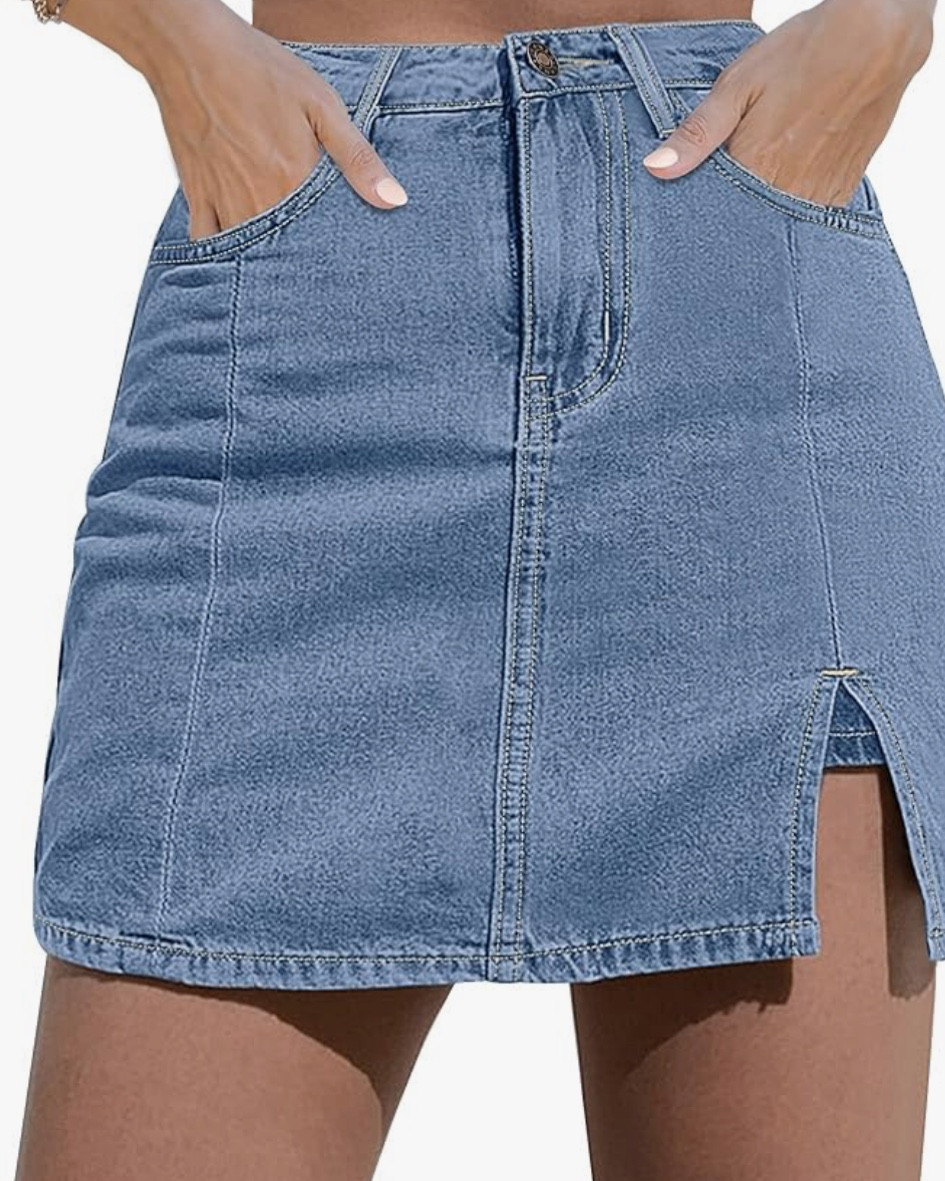 Awesome Amazon skort! Stretchy denim fabric! Shorts under! Love the fit! 