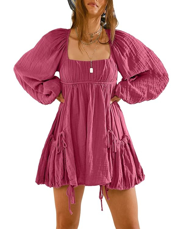 Shiyifa Women's Summer Mini Dress Casual Square Neck Long Sleeves Loose Sundress with Pockets | Amazon (US)