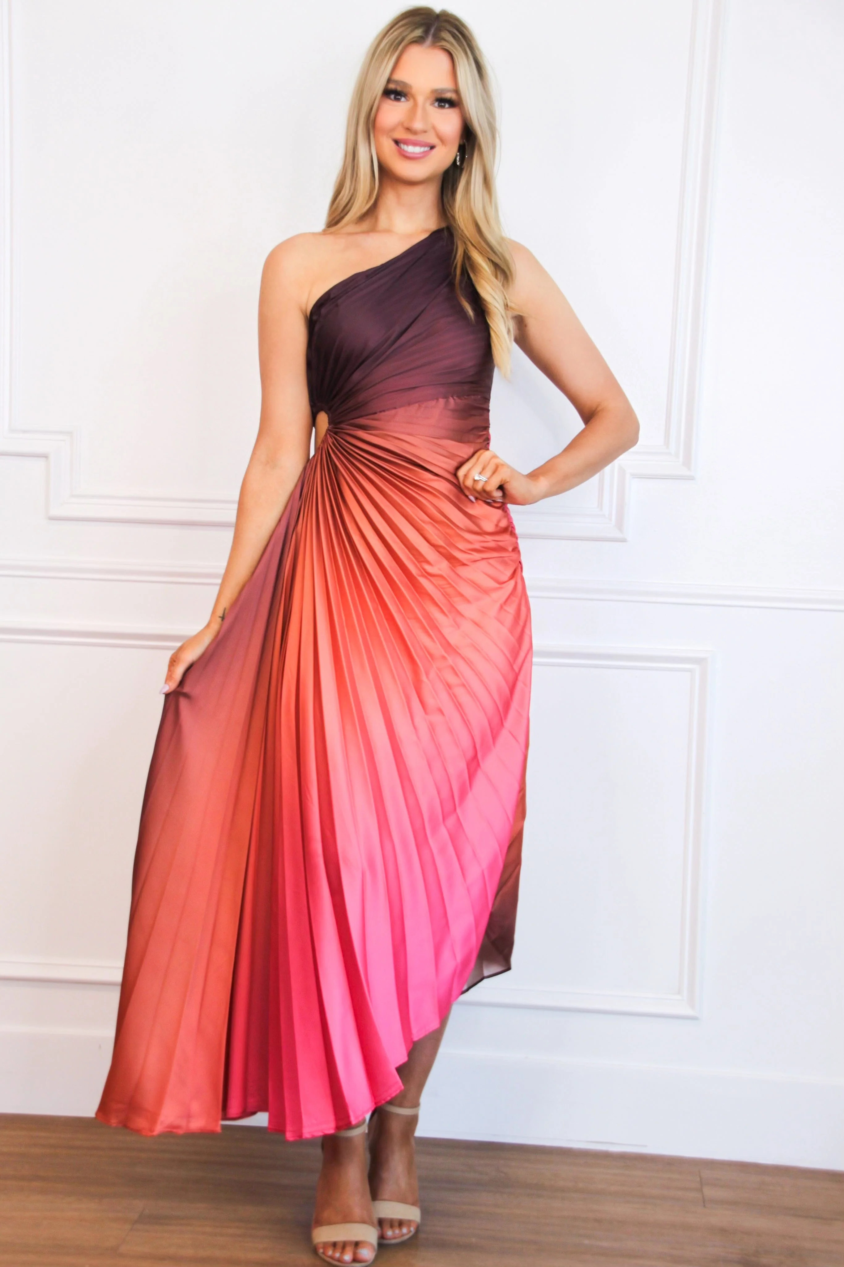 St Tropez Ombre Pleated One Shoulder Maxi Dress: Coral/Rust Multi | Bella and Bloom Boutique