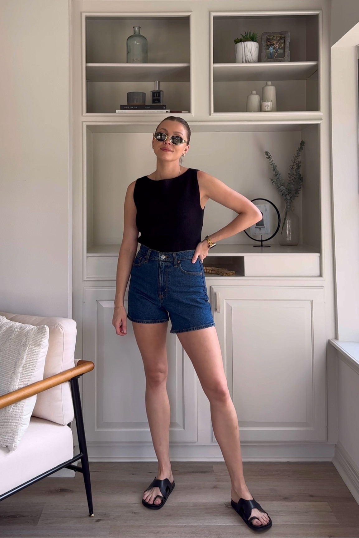 Elevated casual spring outfit - tank in S, Jean shorts in 26 in dark wash, and sandals tts. 

#LTKSeasonal #LTKstyletip