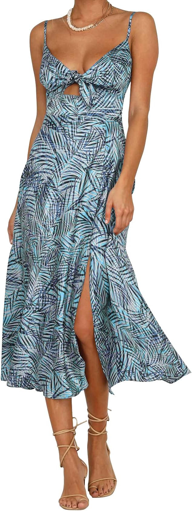 Women Spaghetti Strap Midi Satin Dresses Tie Front Backless Split Hollow Dress | Amazon (US)