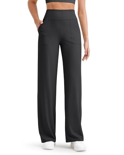 G4Free Ribbed Wide Leg Pants for Women Lightweight Yoga Pants with Pockets Straight Leg Casual Lounge Pants(Black,XXL,32") | Amazon (US)