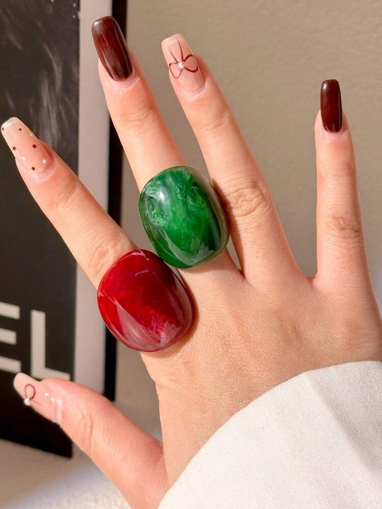 2pcs Elegant Asymmetrical Oval Resin Ring, Tie Dye Red And Green Colors, Suitable For Women's Dai... | SHEIN