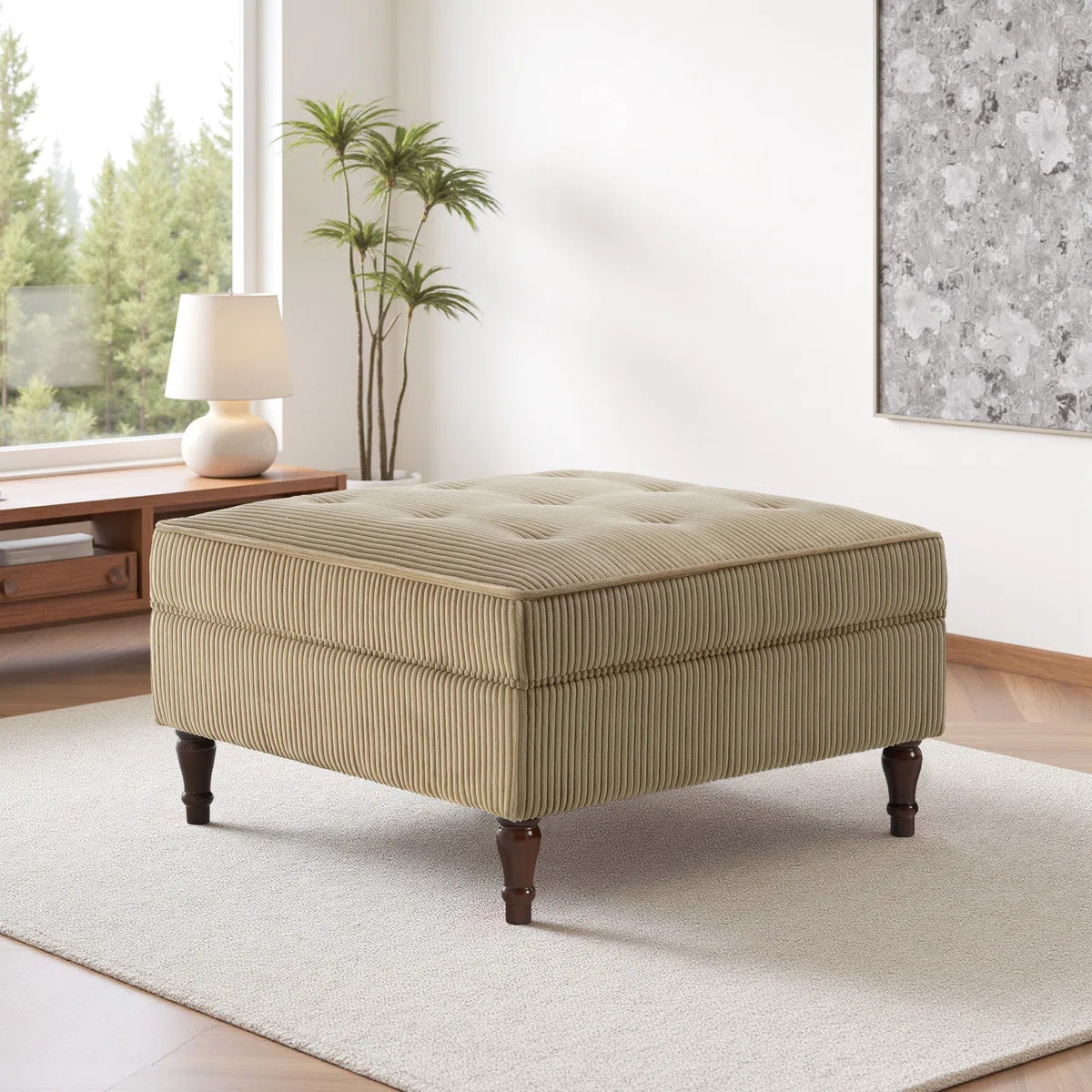 Upholstered Camel Square Tufted Corduroy Flip-Tray Top Storage Ottoman, Single Ottoman Modular Pa... | Wayfair North America