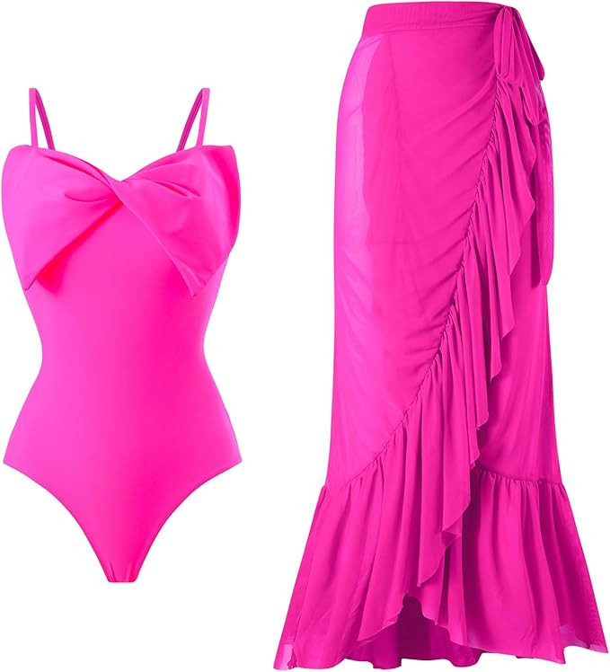 Women One-Piece Swimsuit with Cover up Wrap Skirt Sarong Bathing Suit Beach Outfit Summer | Amazon (US)