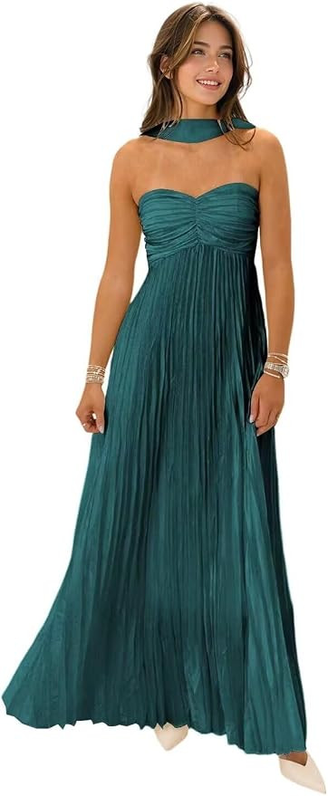 Strapless Bridesmaid Dresses with Scarf Long Flowy Pleated Chiffon Formal Wedding Guest Dresses | Amazon (US)