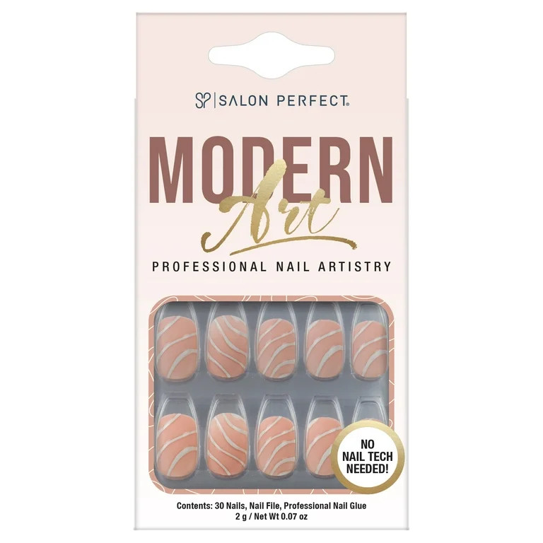 Salon Perfect Modern Art Short Nude & White Lines Nail Set, File & Glue Included, 30 Pieces | Walmart (US)