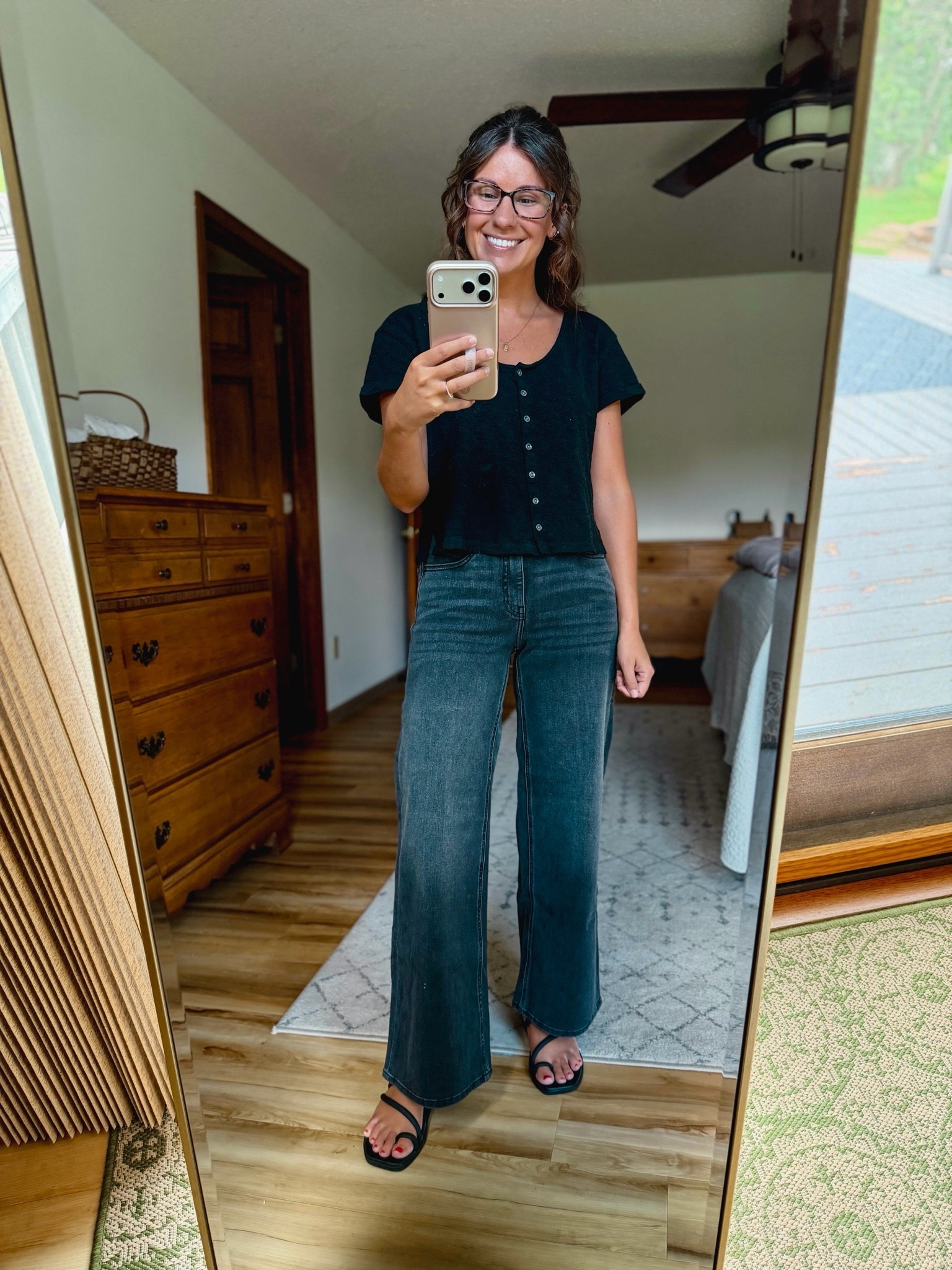 Loving these new wide leg jeans from @Quince 🙌🏽 I got the size 24 in the 28” (short) inseam in faded black.
I am 5’1” and around 100lbs! 
My tee is size xs and my sandals are size 6

#LTKPetite #LTKgrwm #LTKootd