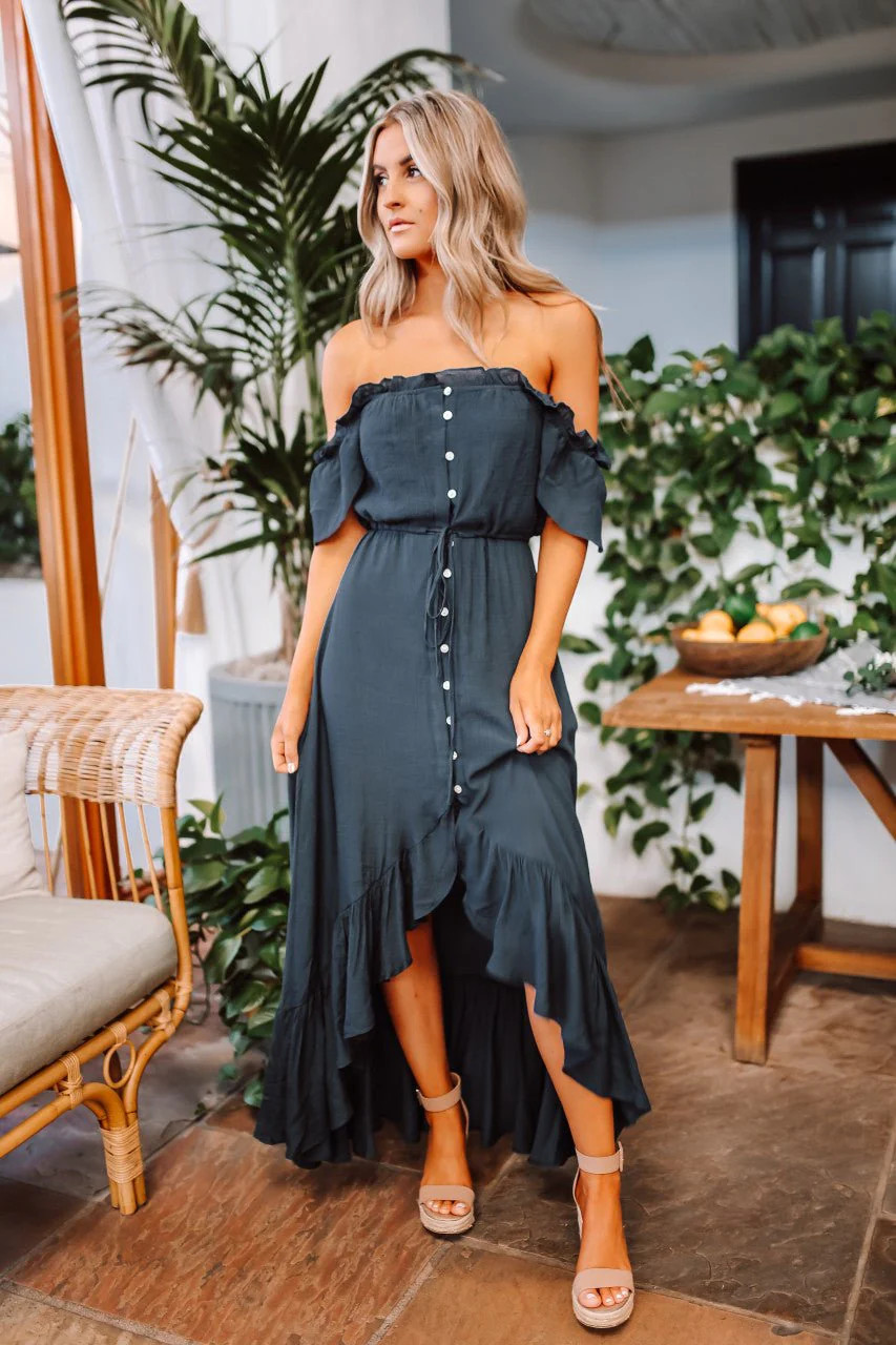 Off Shoulder Button-Down High-Low Maxi Dress - Navy Blue | Magnolia Boutique