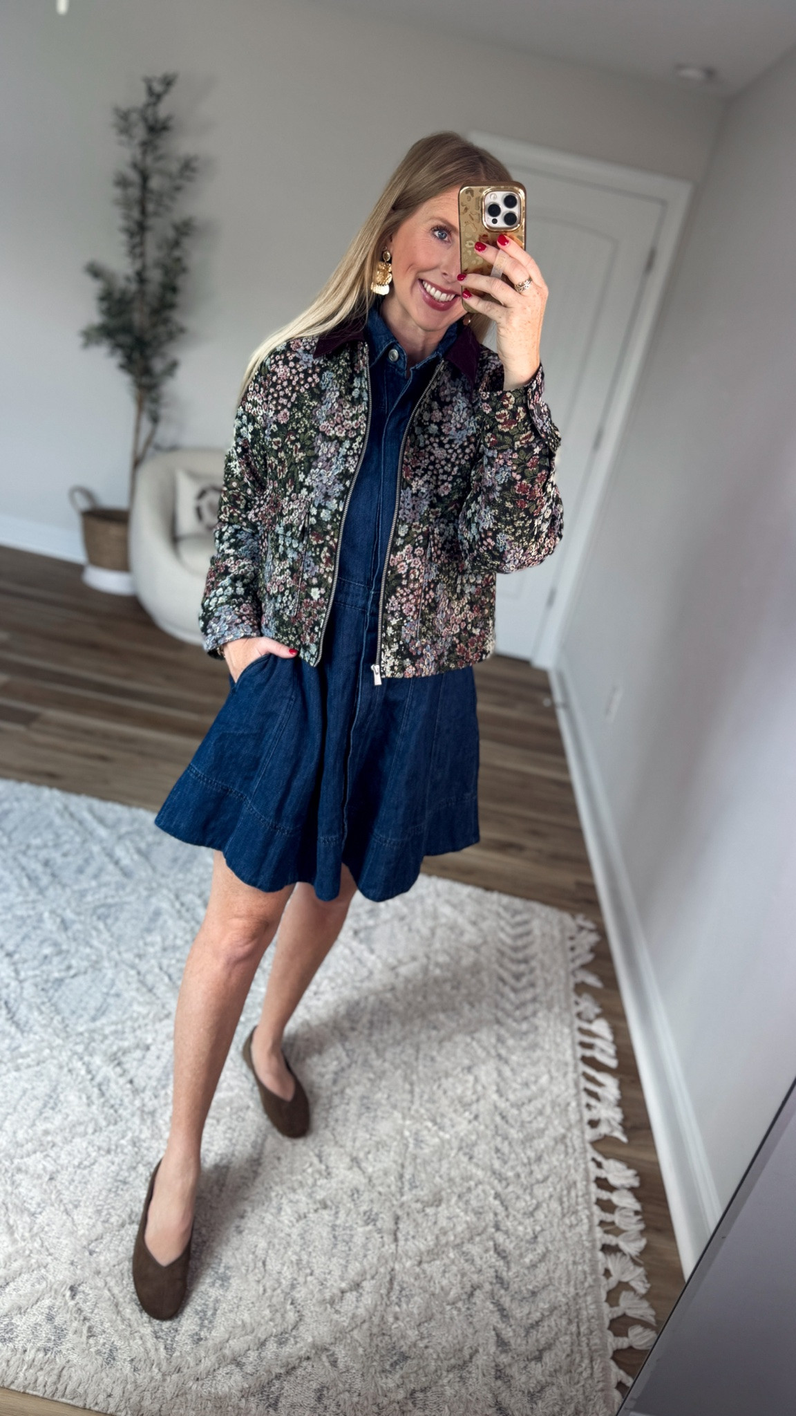 Daily try on, Walmart outfit, Walmart fashion, Walmart style, denim dress, floral jacket